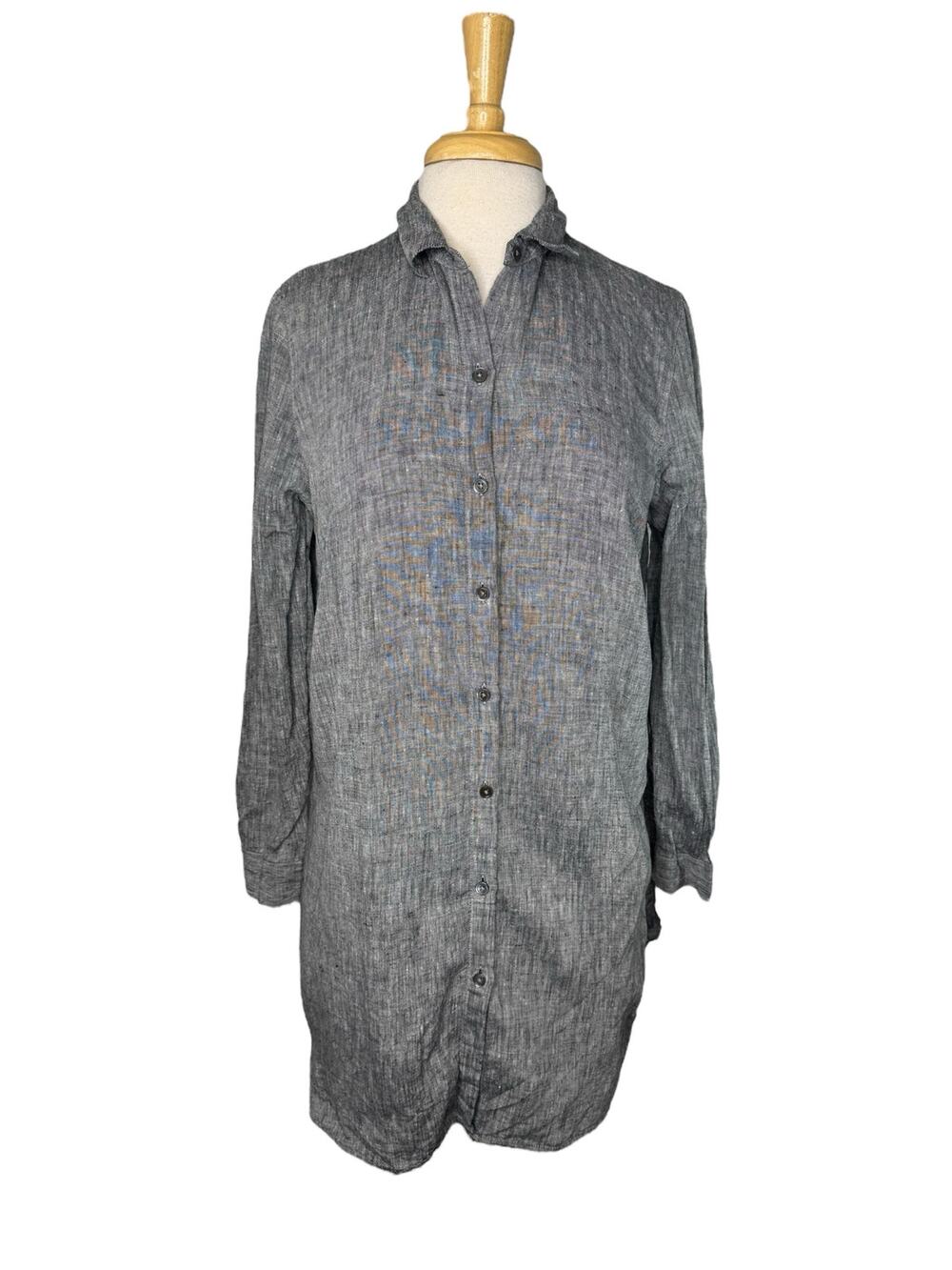 J.JILL Love Linen Gray Button Up Tunic Shirt Size Medium Petite Long Sleeve